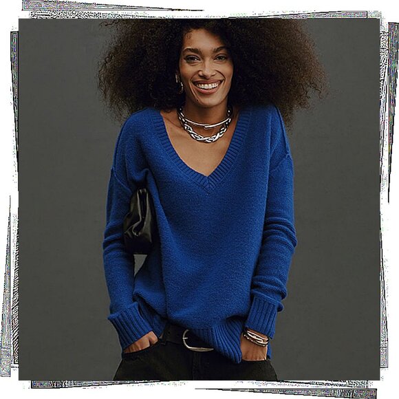 100% Cashmere V-Neck Tunic Sweater / Top In Cobalt Blue (XS Petite) - Picture 1 of 7